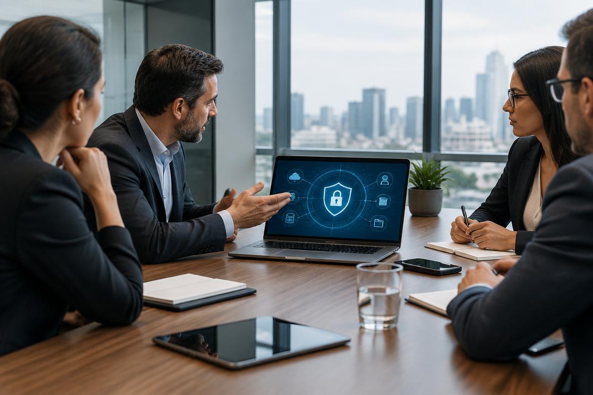 Executivos analisando uma estratégia de proteção de dados