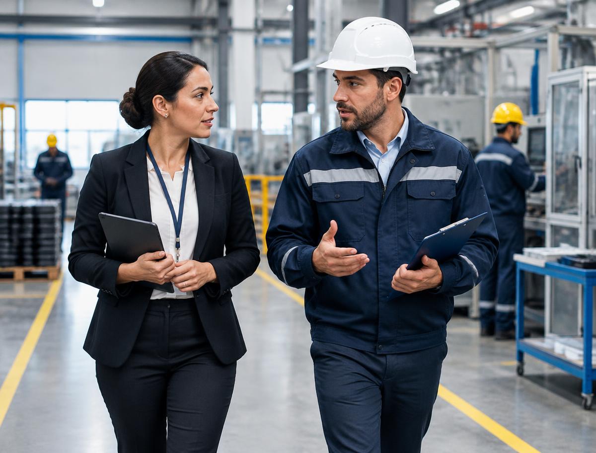 Gestores em visita de conformidade a ambiente industrial